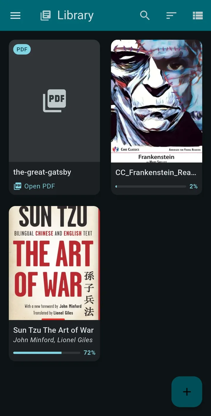 Library view with an original PDF book alongside optimized Speed Reading copies