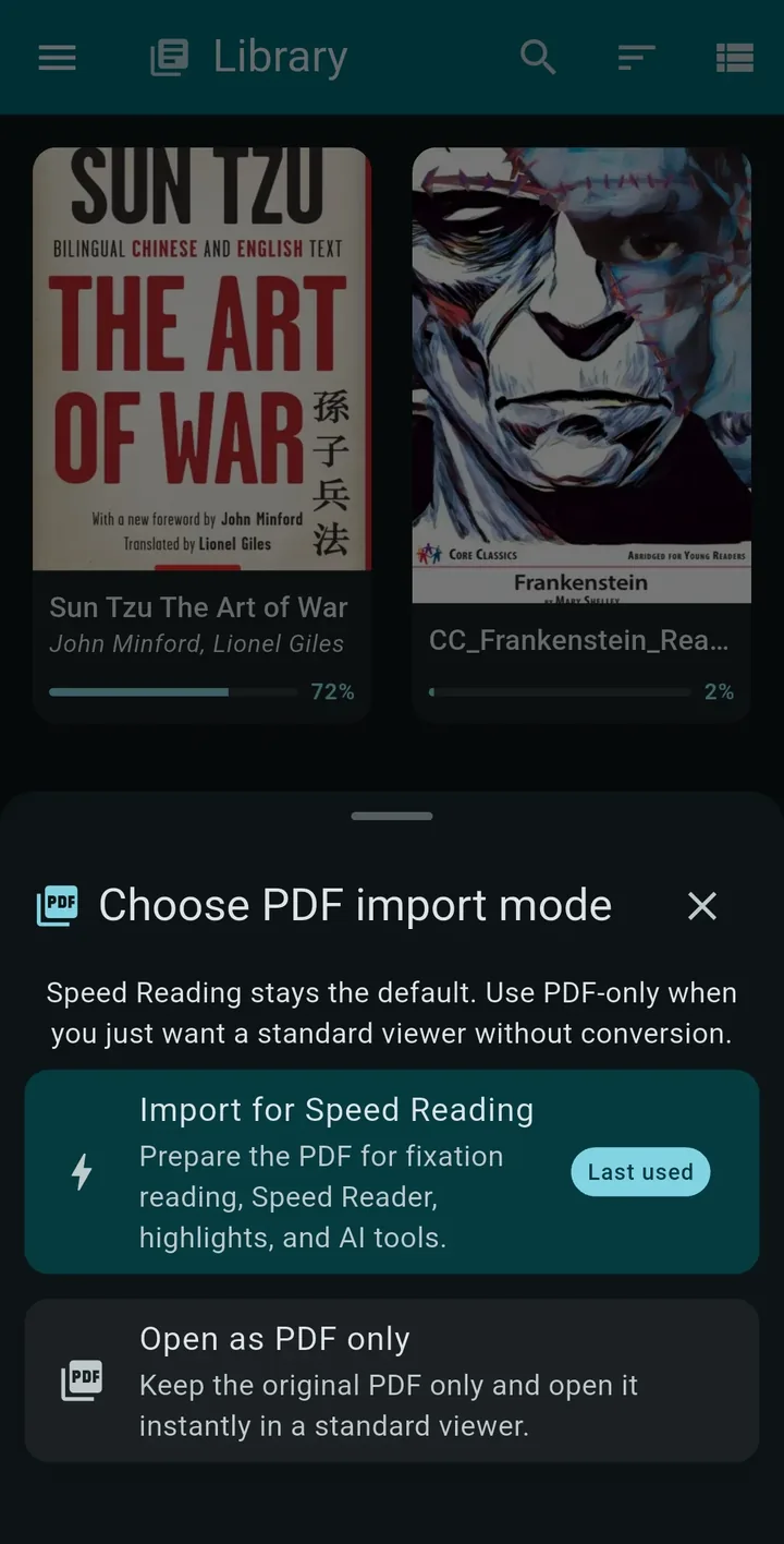 PDF import sheet letting the user choose between optimized Speed Reading and the original PDF viewer