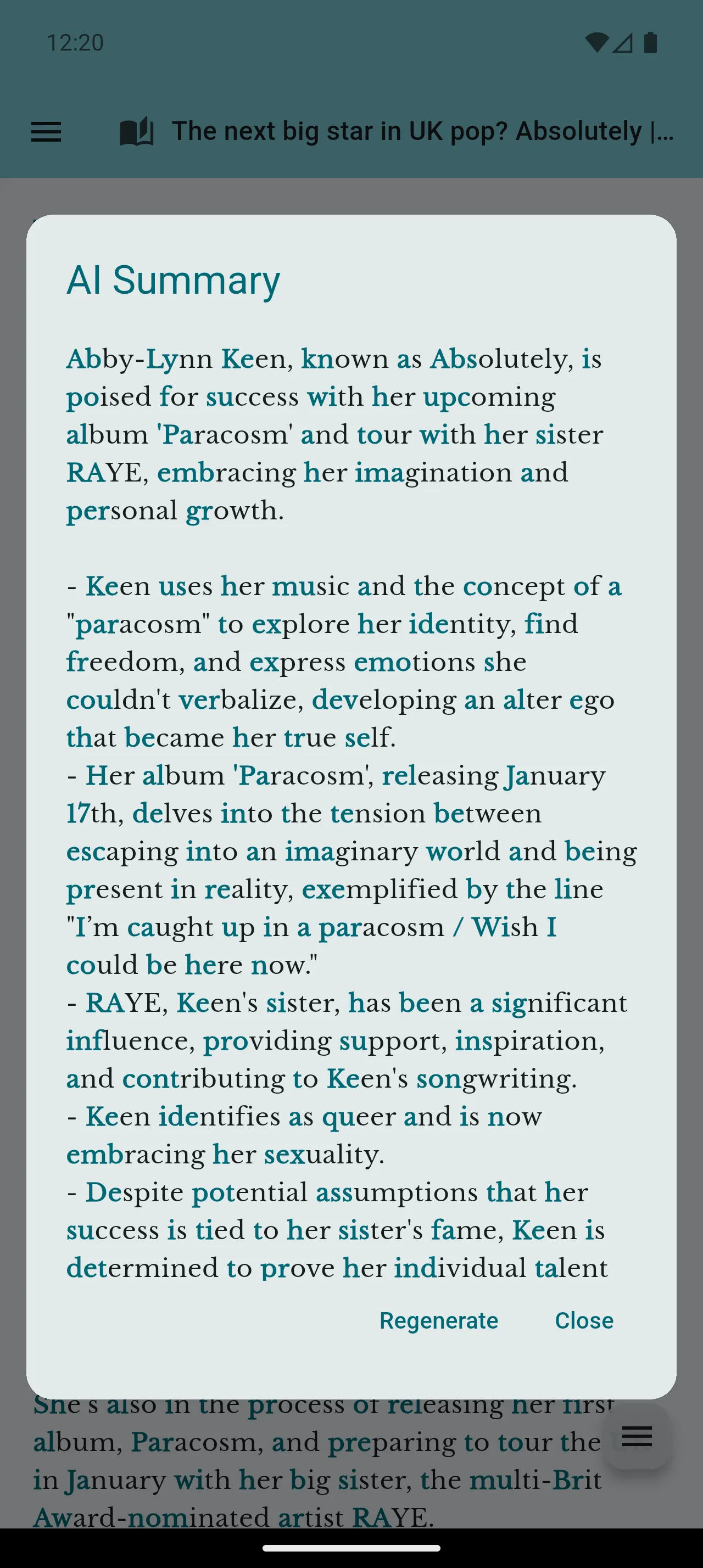 Robo Reader AI Summaries feature screenshot