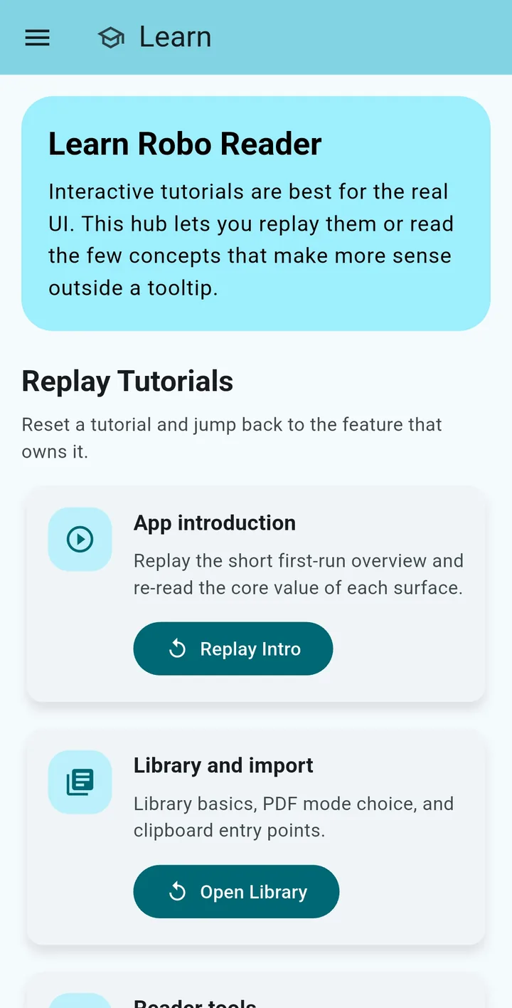 Robo Reader Learn Hub feature screenshot