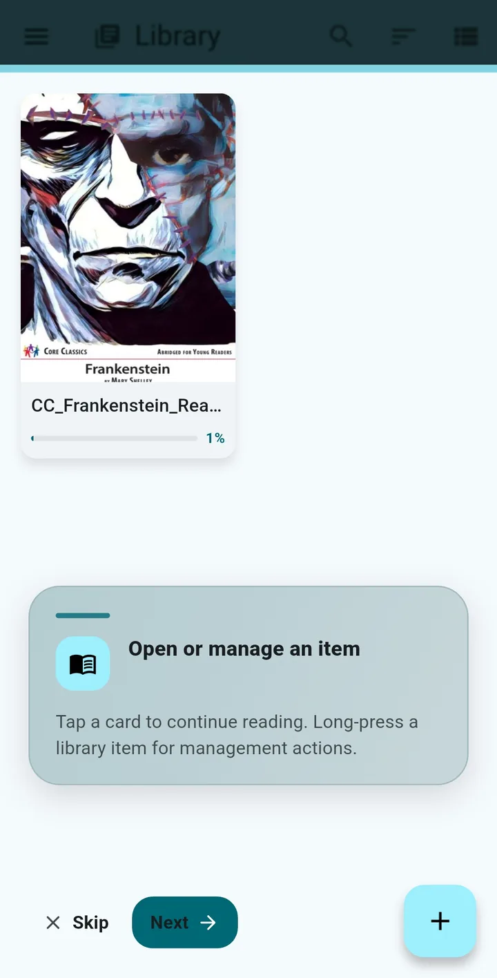 Interactive Library tutorial card highlighting how to open or manage a book
