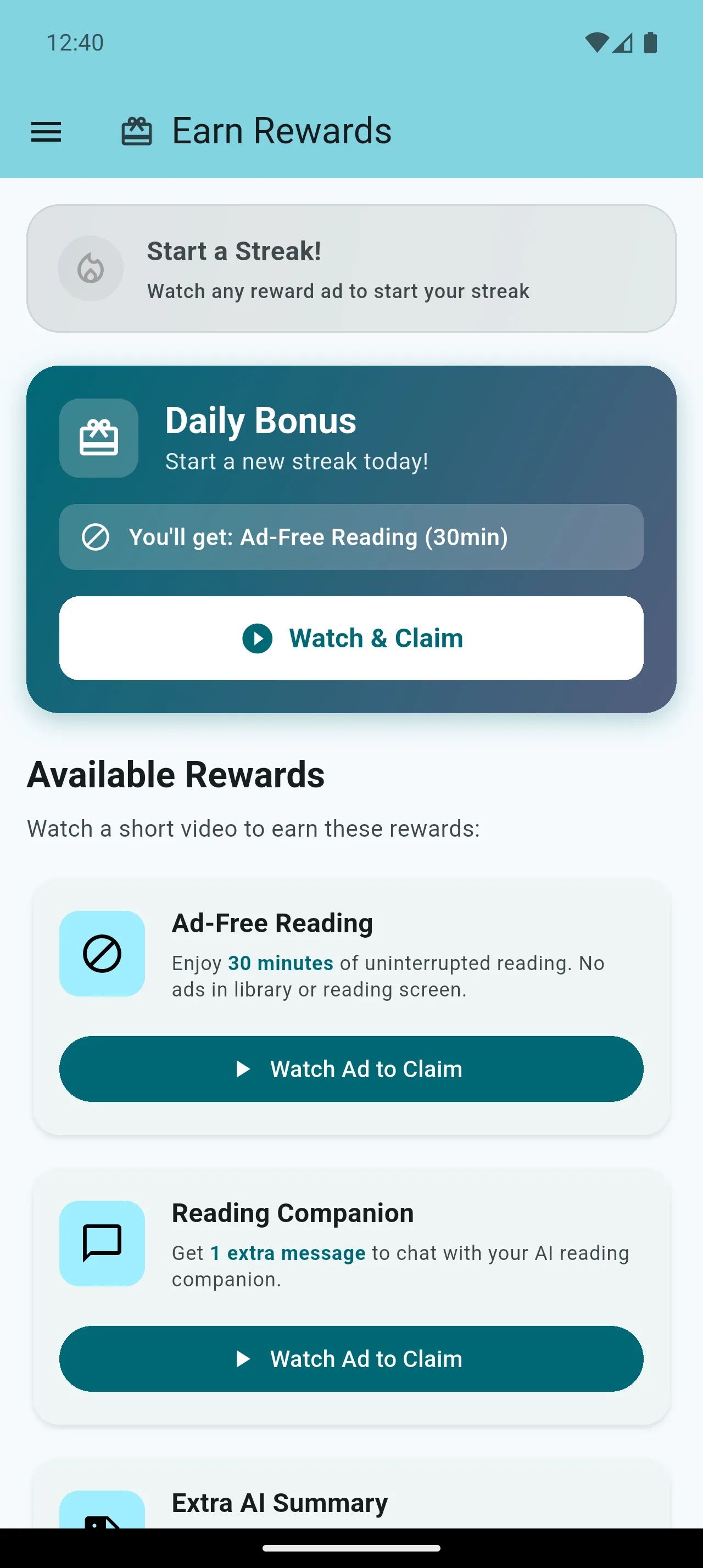 Robo Reader Earn Rewards & Streaks feature screenshot